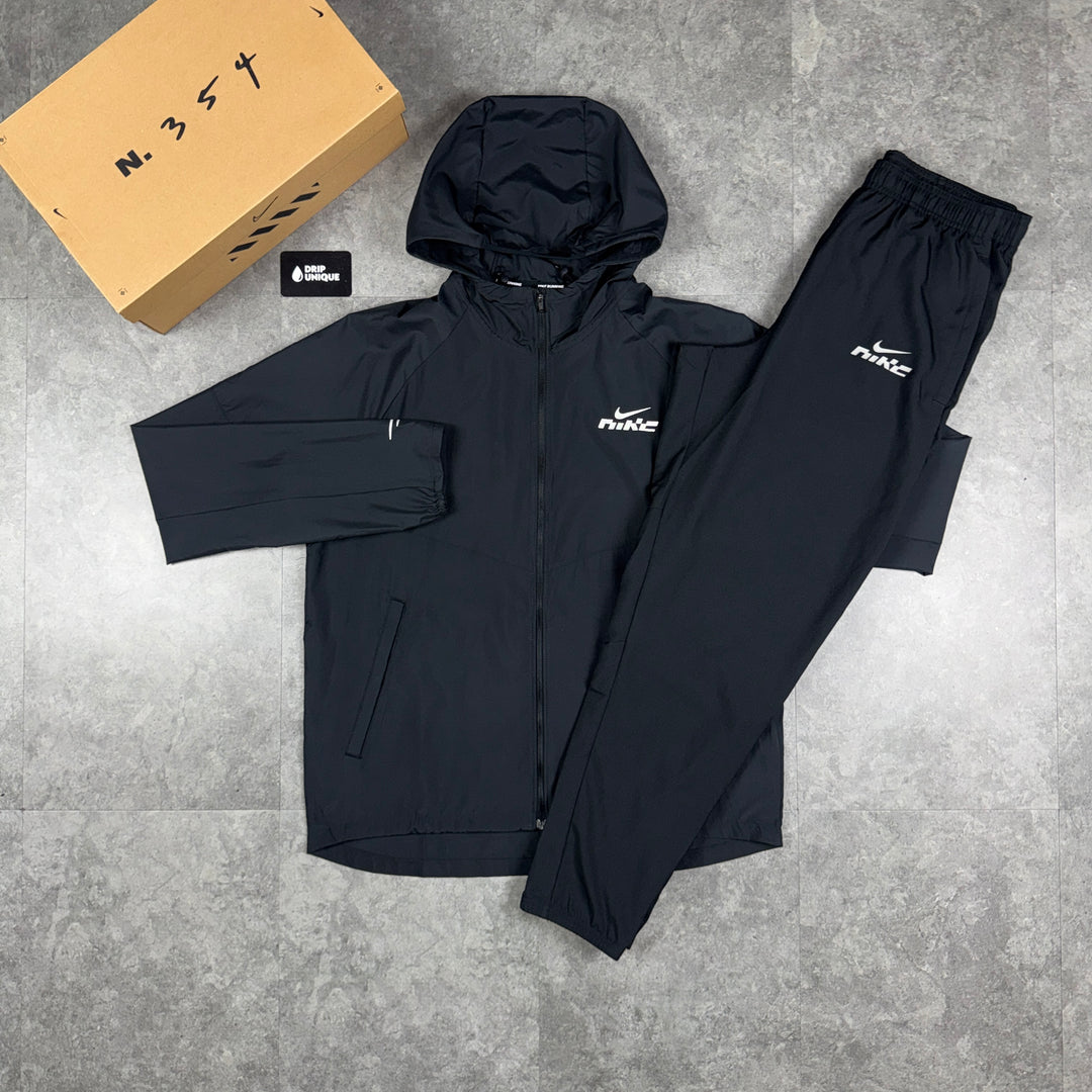 Nike Dri-Fit Swoosh Windrunner Jacket Black & Black Nike Swoosh Challenger Pants Set, nike tracksuits, dripuniqueuk