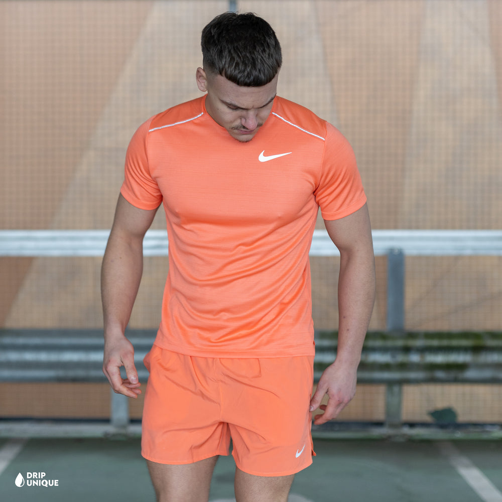 Nike Miler T-Shirt Peach & Peach Challenger Shorts Set, nike miler set, dripuniqueuk