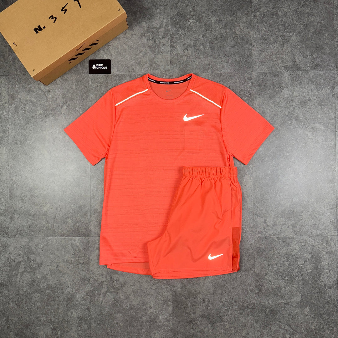 Nike Miler T-Shirt Peach & Peach Challenger Shorts Set, dripuniqueuk