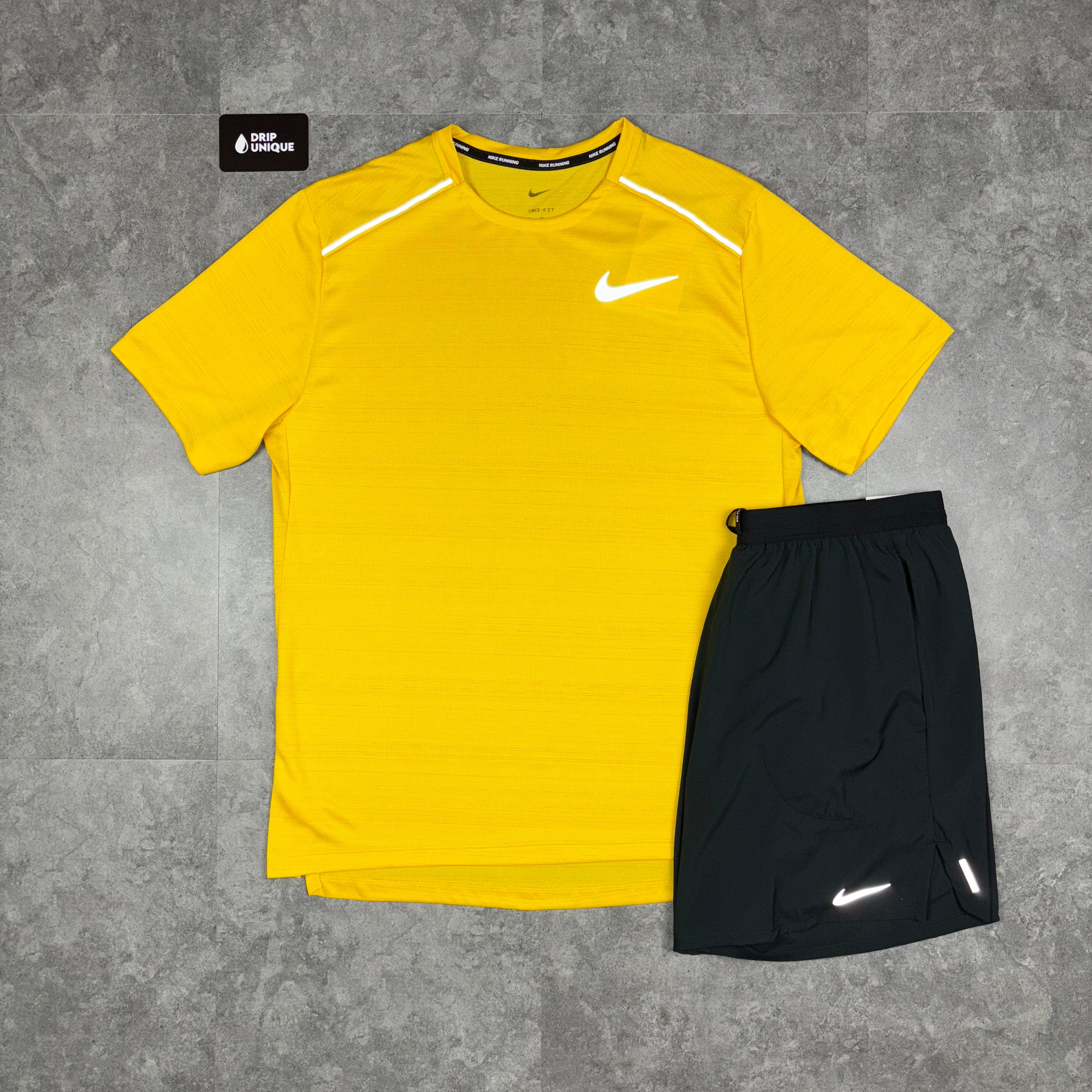Nike Miler T Shirt Yellow Black Flex Stride Shorts Set