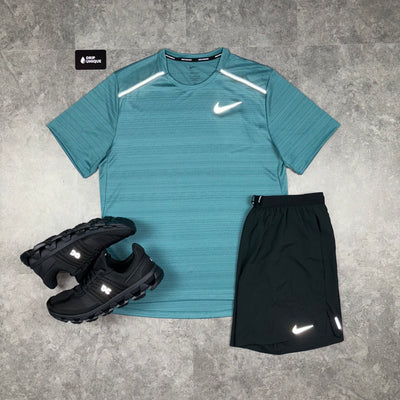 Men's Nike Miler T-Shirt Mineral Teal & Black Flex Stride Shorts Set, also paired with the black on running cloudswift trainers, dripuniqueuk
