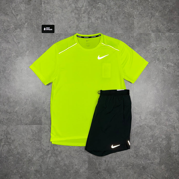 Nike Miler T-Shirt Neon Green & Black Flex Stride Shorts Set