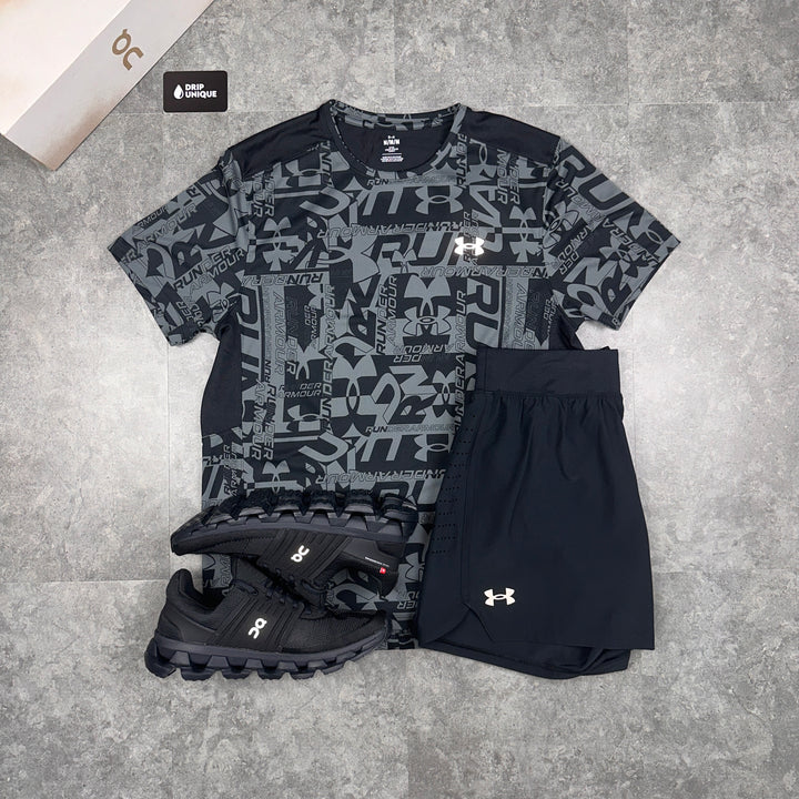 Men's Under Armour Launch Printed T-Shirt Black & Launch Speedpocket Shorts Set, dripuniqueuk