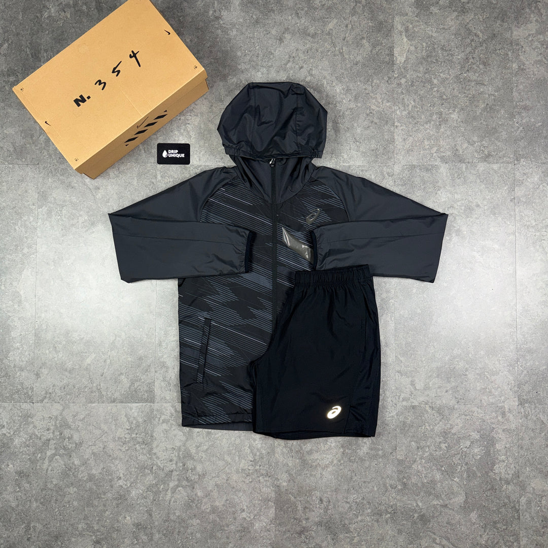 Asics AIM TRG Windrunner Jacket Black & Black Core Shorts Set, asics windrunner set, dripuniqueuk