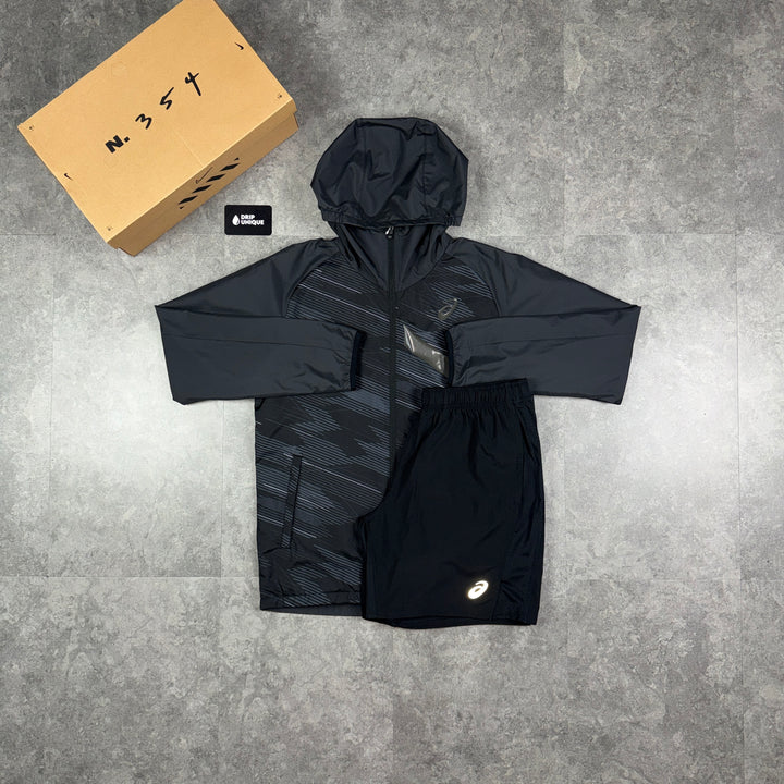 Asics AIM TRG Windrunner Jacket Black & Black Core Shorts Set, asics windrunner set, dripuniqueuk