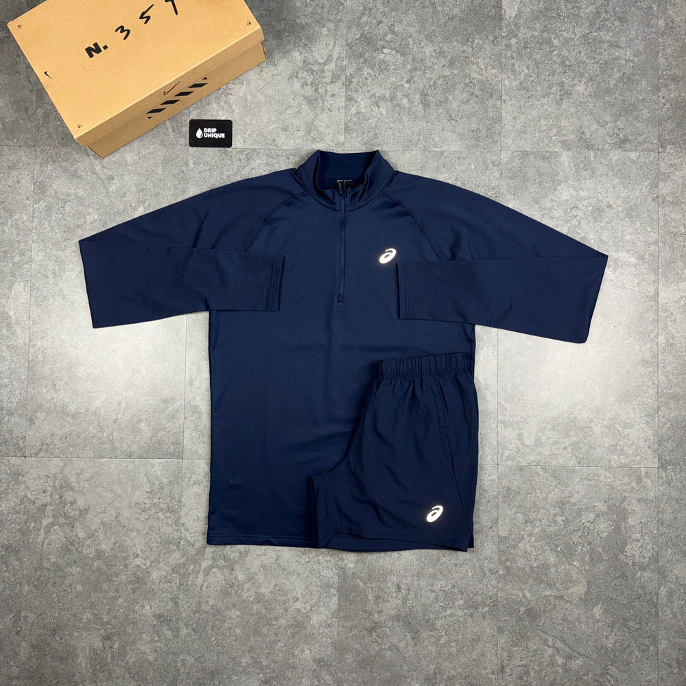 Asics Core 1/4 Zip Top Midnight Navy & Navy Core Shorts Set, asics 1/4 zip set, dripuniqueuk