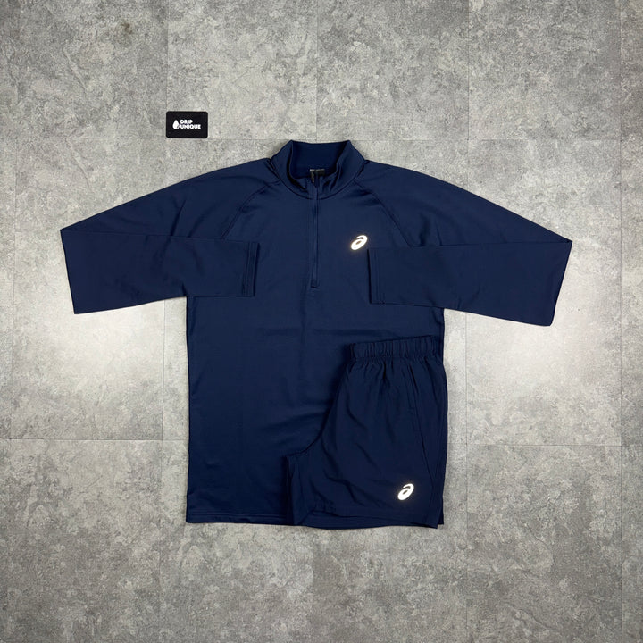 Asics Core 1/4 Zip Top Midnight Navy & Navy Core Shorts Set, asics set, dripuniqueuk
