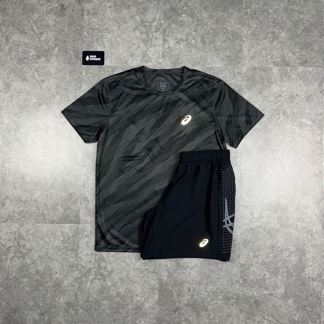Asics Core All Over Print T-Shirt Black & Black Icon Shorts Set, Asics Set, dripuniqueuk