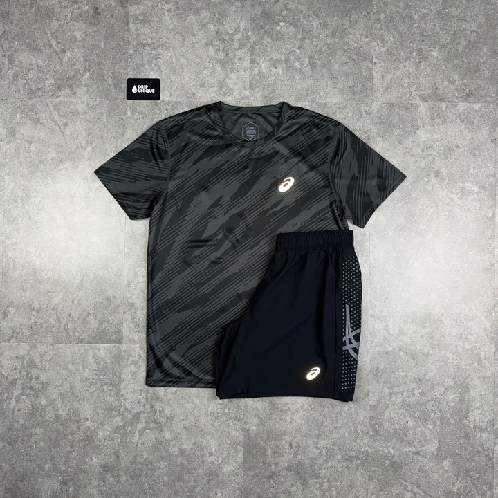 Asics Core All Over Print T-Shirt Black & Black Icon Shorts Set, Asics Set, dripuniqueuk