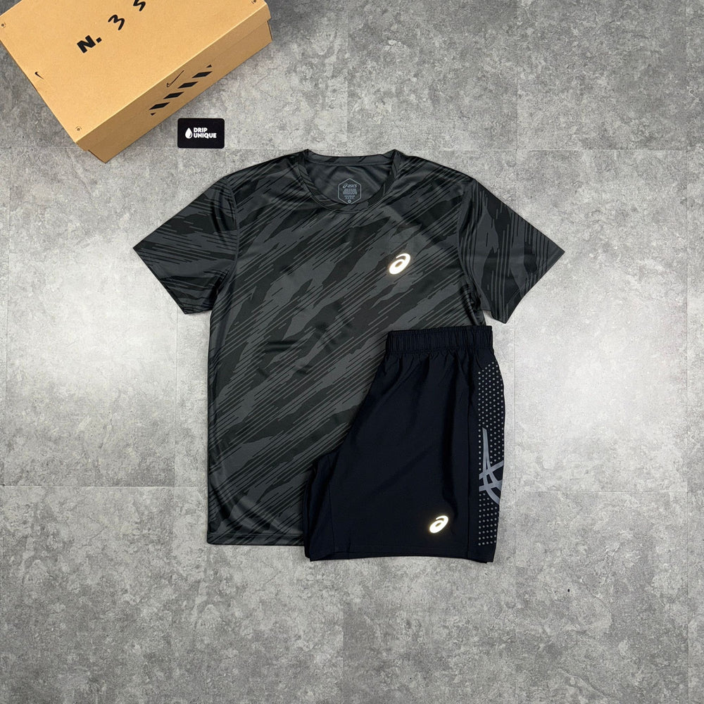 Asics Core All Over Print T-Shirt Black & Black Icon Shorts Set, Asics Set, dripuniqueuk 1
