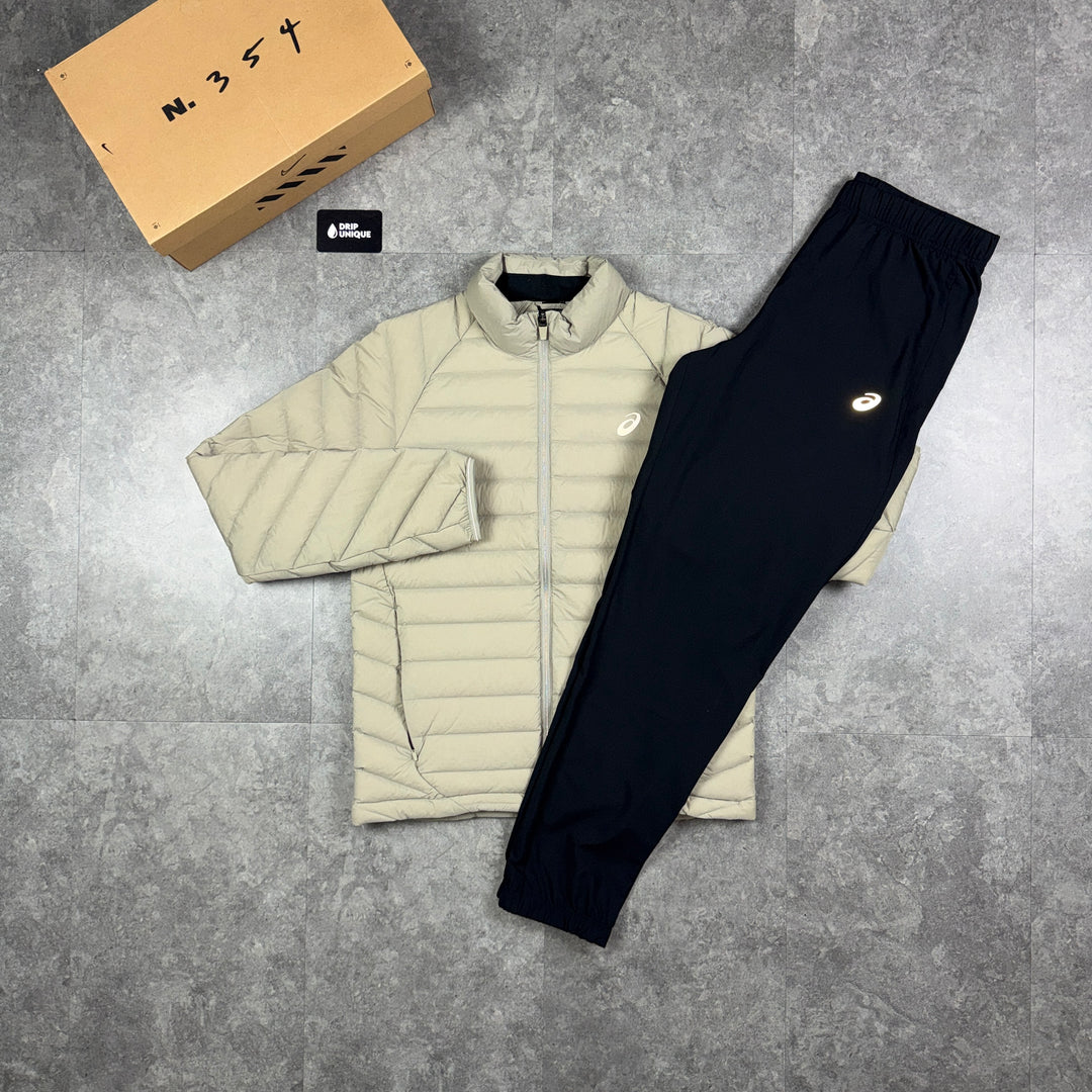 Asics Core Puffer Jacket Beige & Black Core Pants Set, asics puffer set, dripuniqueuk