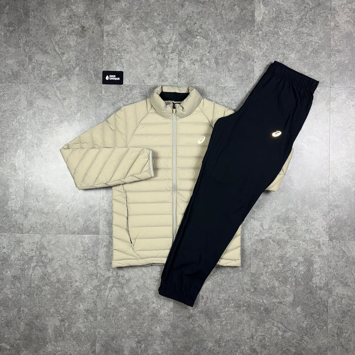 Asics Core Puffer Jacket Beige & Black Core Pants Set, asics set, dripuniqueuk