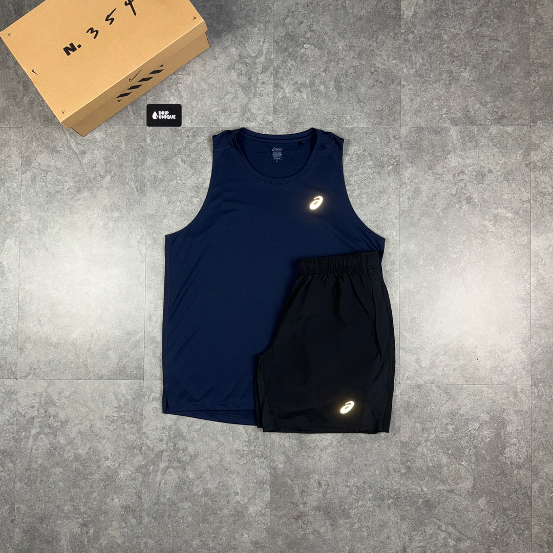 Asics Core Vest Midnight Navy & Black Core Shorts Set, asics vest set, dripuniqueuk