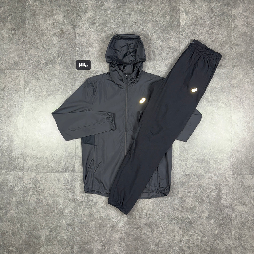 Asics Core Windrunner Jacket Black & Black Core Pants Set, black asics set, dripuniqueuk