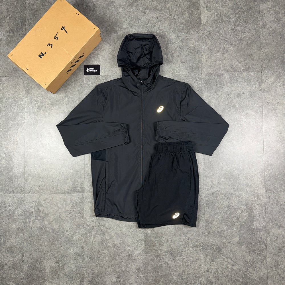 Asics Core Windrunner Jacket Black & Black Core Shorts Set, asics core set, dripuniqueuk
