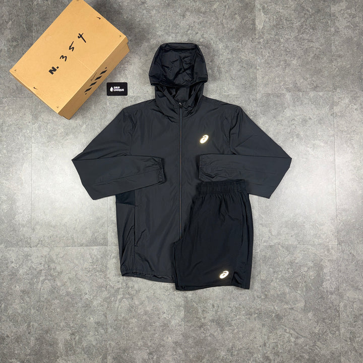 Asics Core Windrunner Jacket Black & Black Core Shorts Set, asics core set, dripuniqueuk