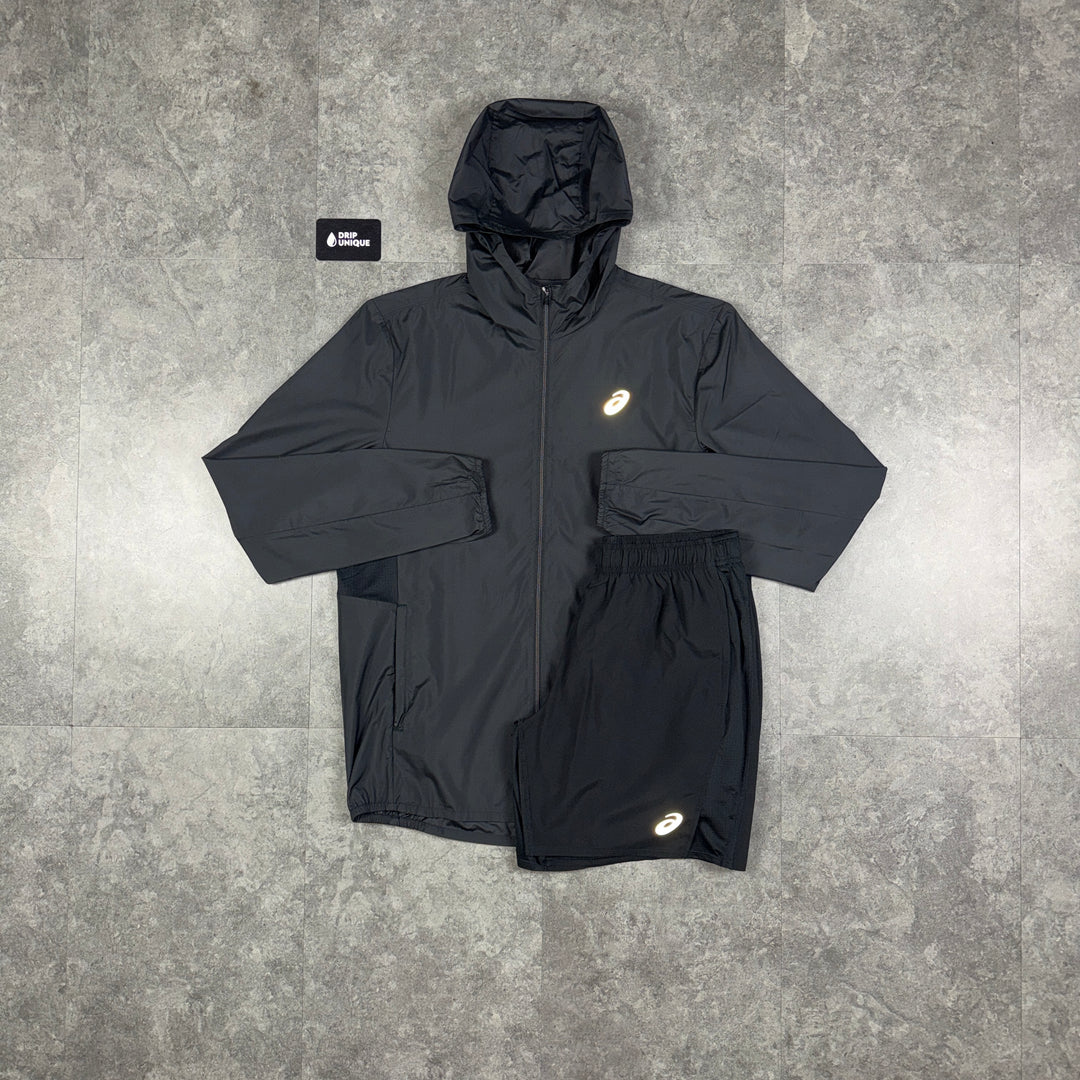 Asics Core Windrunner Jacket Black & Black Core Shorts Set, asics set, dripuniqueuk