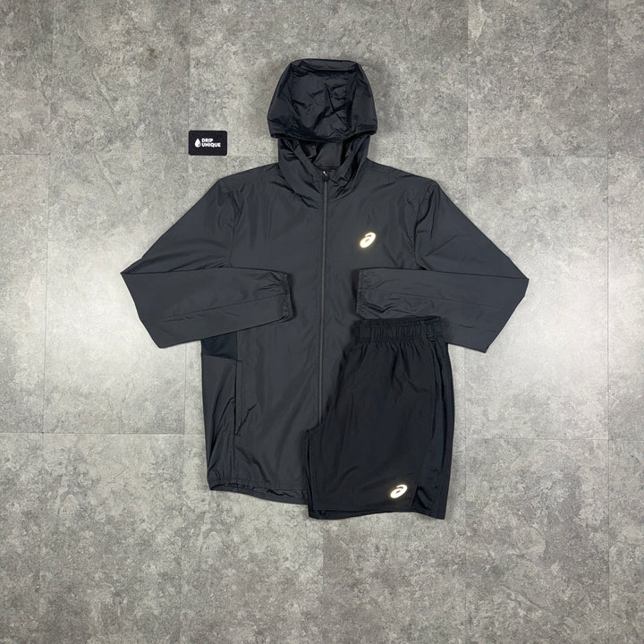 Asics Core Windrunner Jacket Black & Black Core Shorts Set, asics set, dripuniqueuk