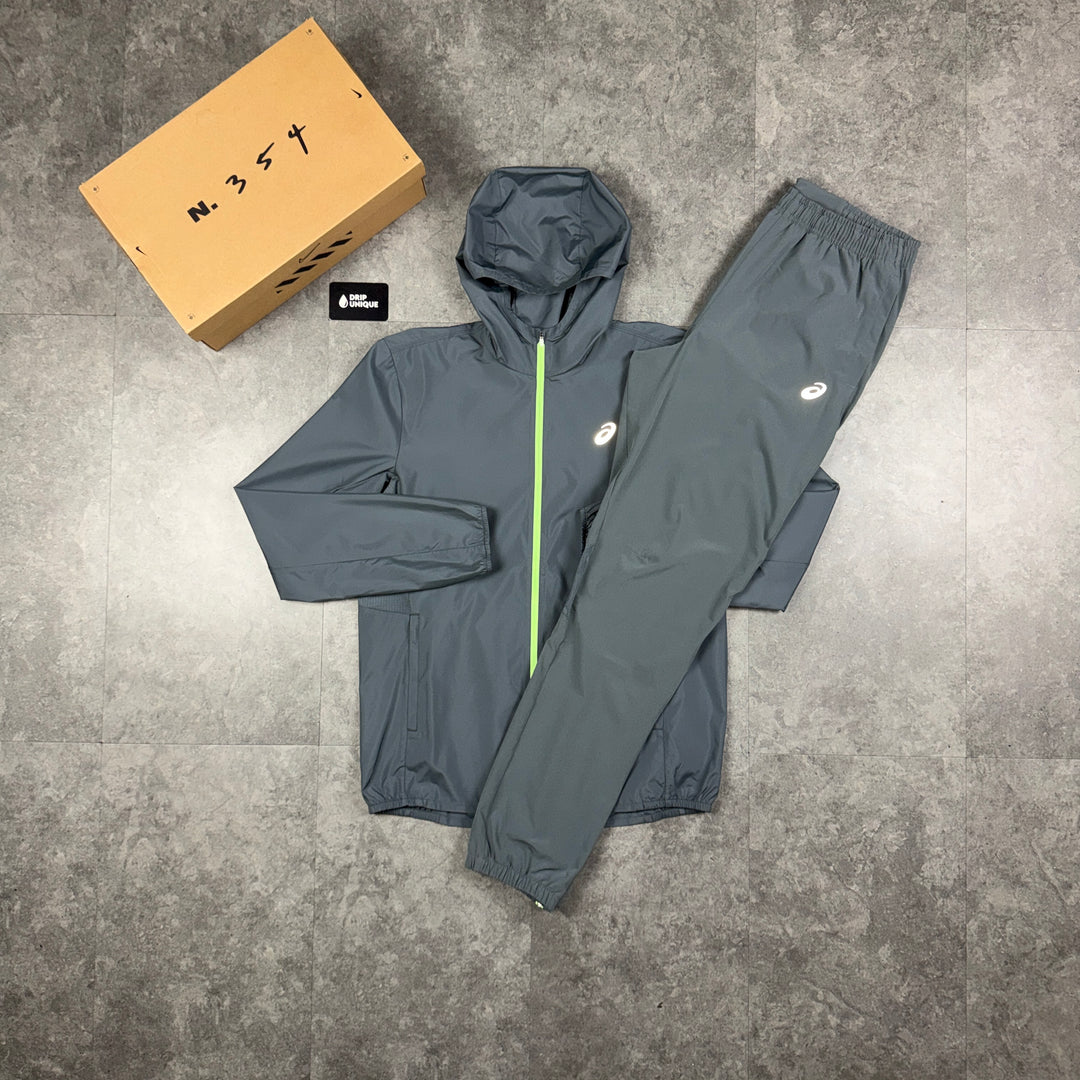 Asics Core Windrunner Jacket Grey / Neon & Grey Core Pants Set, asics jacket set, dripuniqueuk