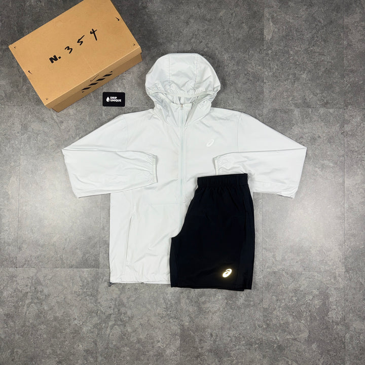 Asics Core Windrunner Jacket White & Black Core Shorts Set, asics jacket set, dripuniqueuk
