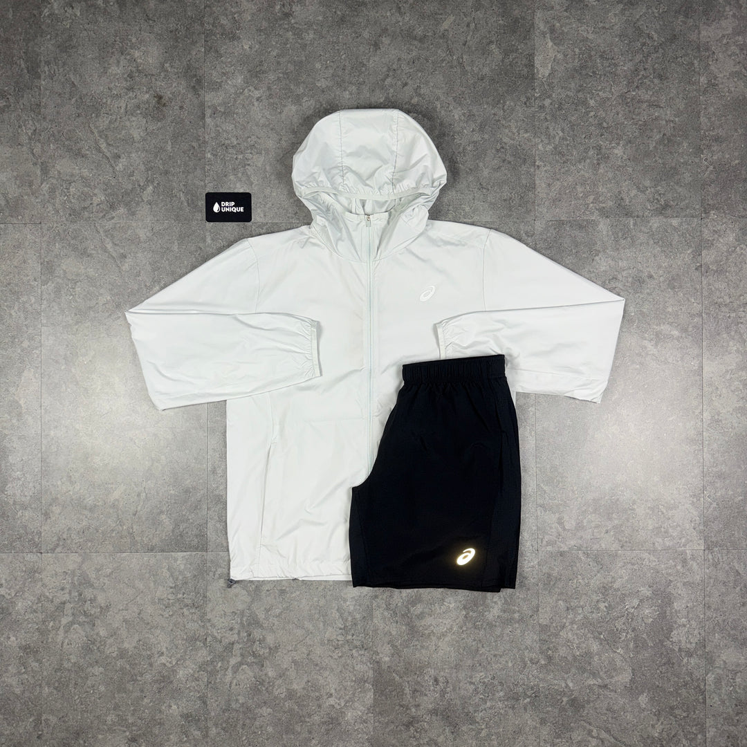Asics Core Windrunner Jacket White & Black Core Shorts Set, asics set, dripuniqueuk