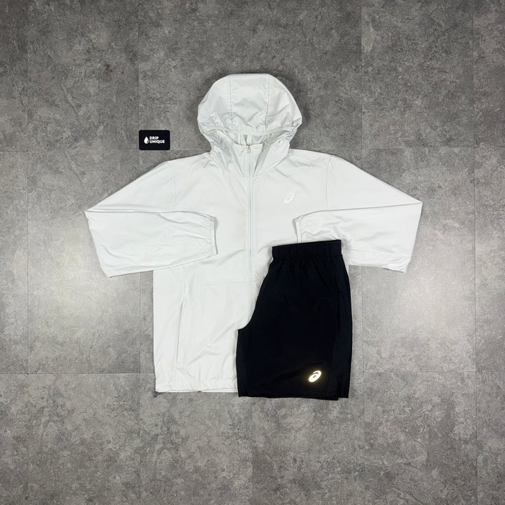 Asics Core Windrunner Jacket White & Black Core Shorts Set, asics set, dripuniqueuk