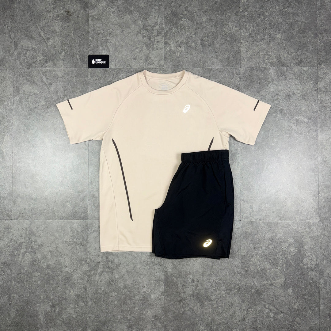 Asics Curve T-Shirt Beige & Black Core Shorts Set, asics set, dripuniqueuk