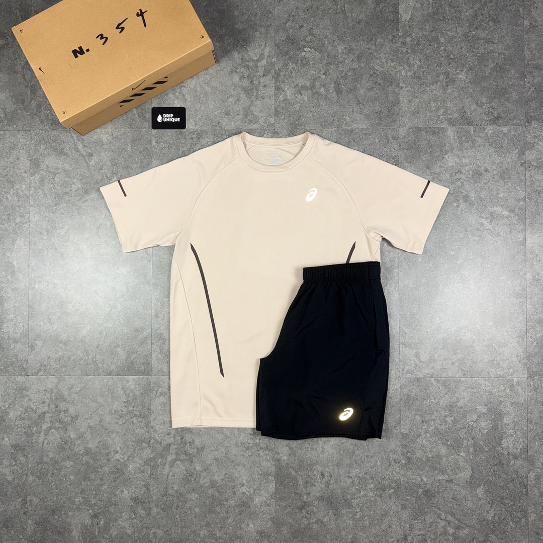 Asics Curve T-Shirt Beige & Black Core Shorts Set, asics tshirt set, dripuniqueuk