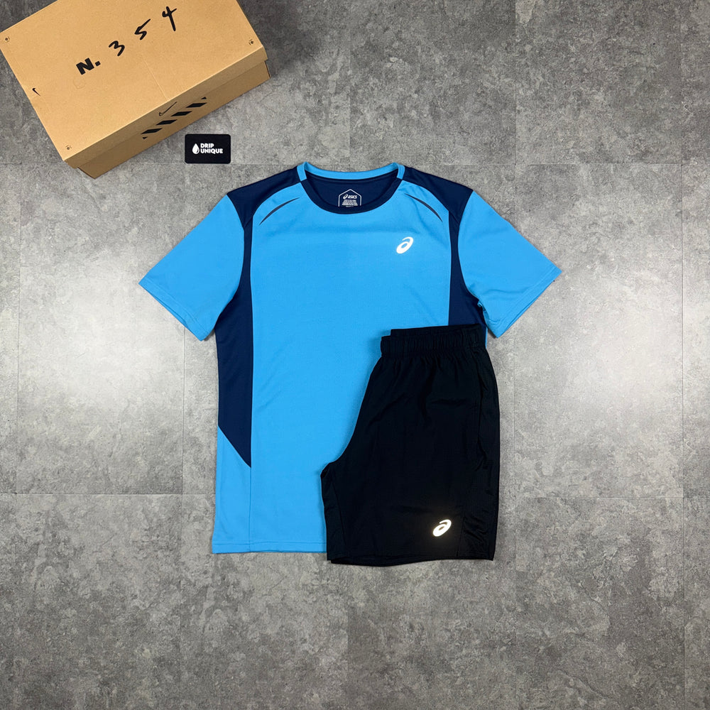 Asics Curve T-Shirt Dolphin Blue & Black Core Shorts Set, asics curve set, dripuniqueuk
