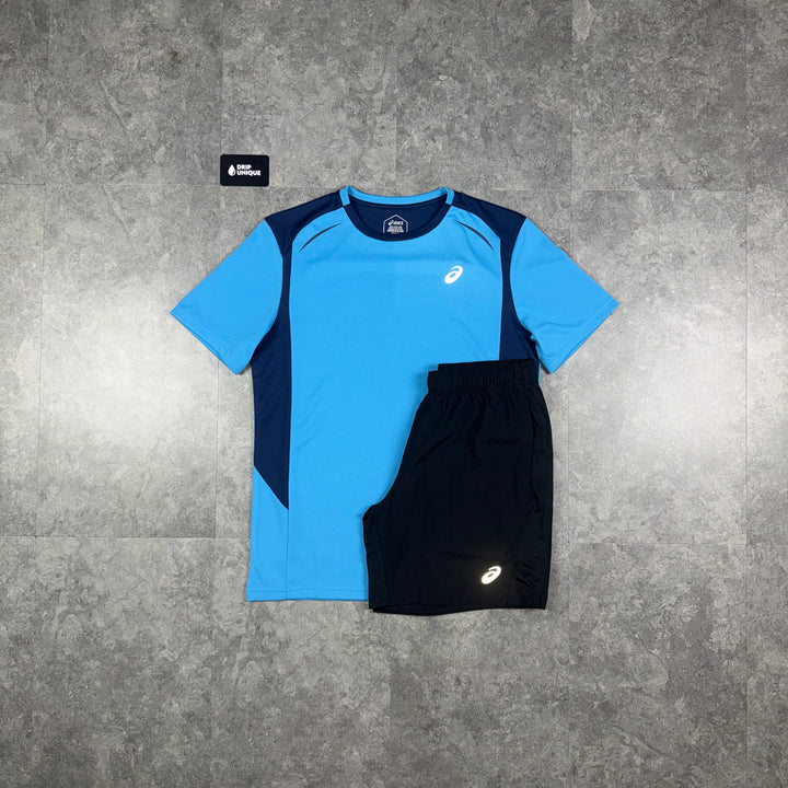 Asics Curve T-Shirt Dolphin Blue & Black Core Shorts Set, asics set, dripuniqueuk