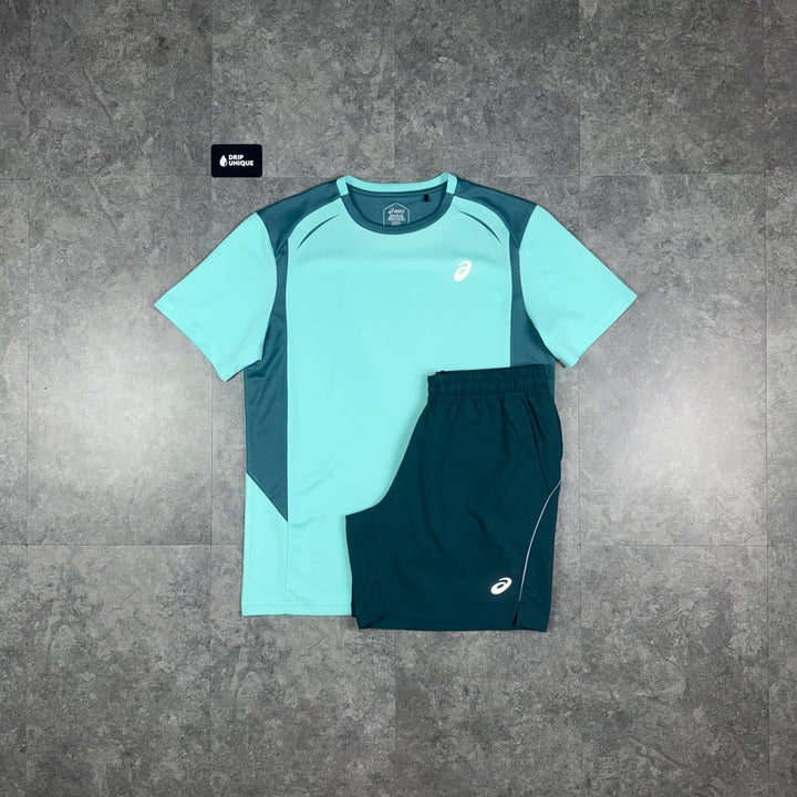 Asics Curve T-Shirt Mint & Aluminium Curve Shorts Set, asics set, dripuniqueuk