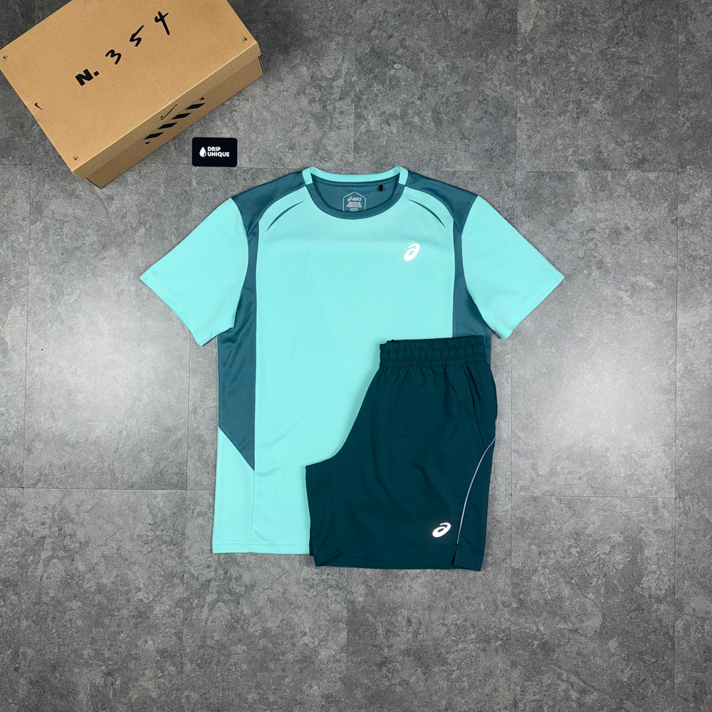 Asics Curve T-Shirt Mint & Aluminium Curve Shorts Set, asics tshirt set, dripuniqueuk