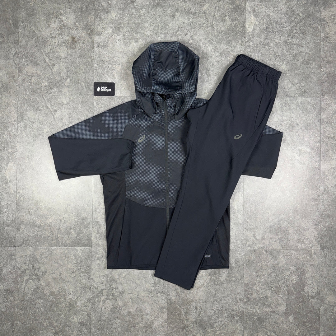 Asics Distorted Windrunner Jacket Black & Black ActiMotion Run Pants Set, asics set, dripuniqueuk
