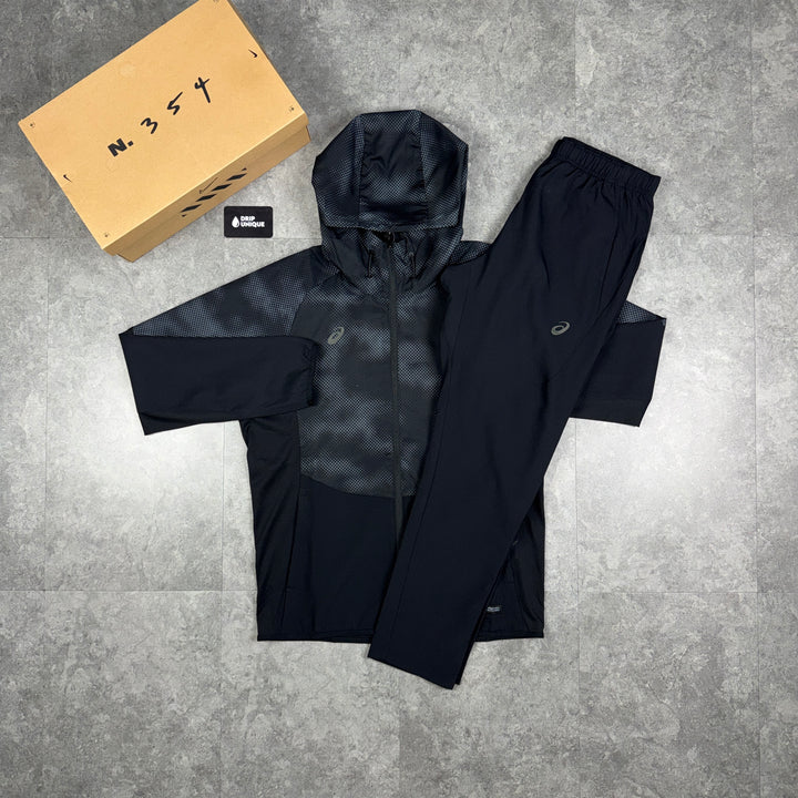 Asics Distorted Windrunner Jacket Black & Black ActiMotion Run Pants Set, asics tracksuit, dripuniqueuk