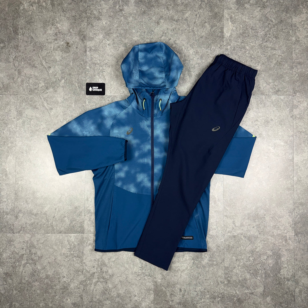 Asics Distorted Windrunner Jacket Navy & Navy ActiMotion Run Pants Set, asics set, dripuniqueuk