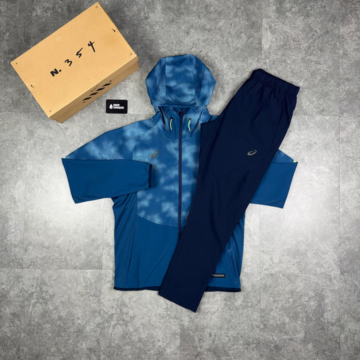 Asics Distorted Windrunner Jacket Navy & Navy ActiMotion Run Pants Set, asics tracksuit, dripuniqueuk