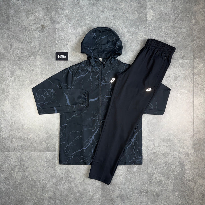 Asics Enchanted Windrunner Jacket Black & Black Sports Run Pants Set, asics set, dripuniqueuk