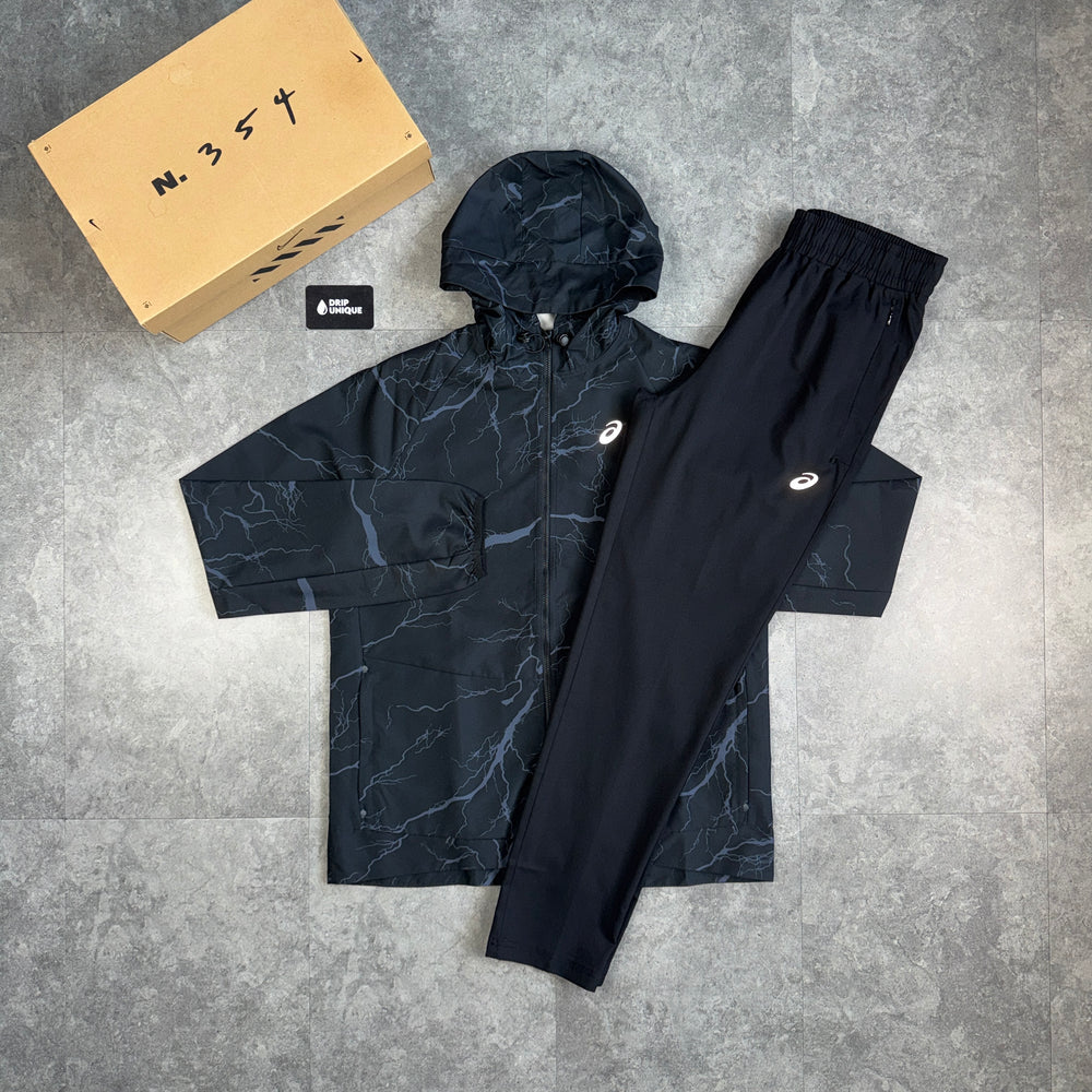 Asics Enchanted Windrunner Jacket Black & Black Sports Run Pants Set, asics tracksuit, dripuniqueuk