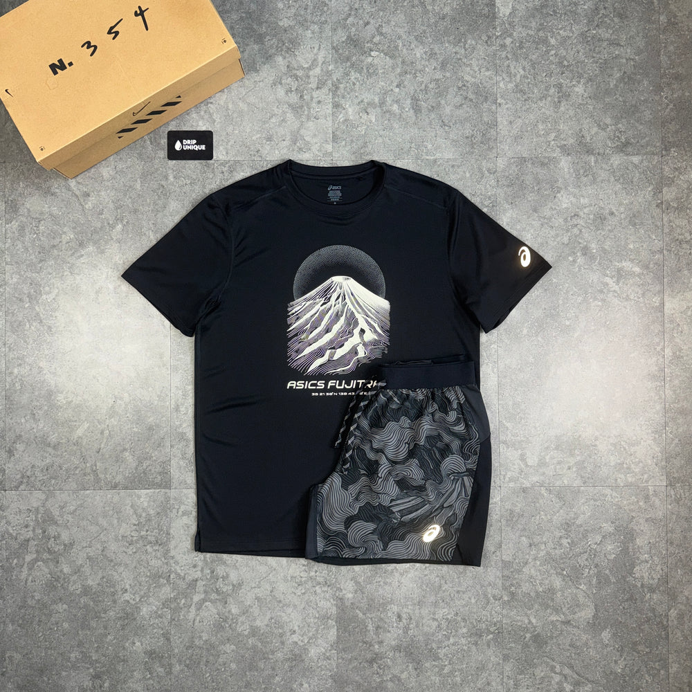 Asics Fujitrail T-Shirt Black & Black Fujitrail Shorts Set, asics fujitrail set, dripuniqueuk