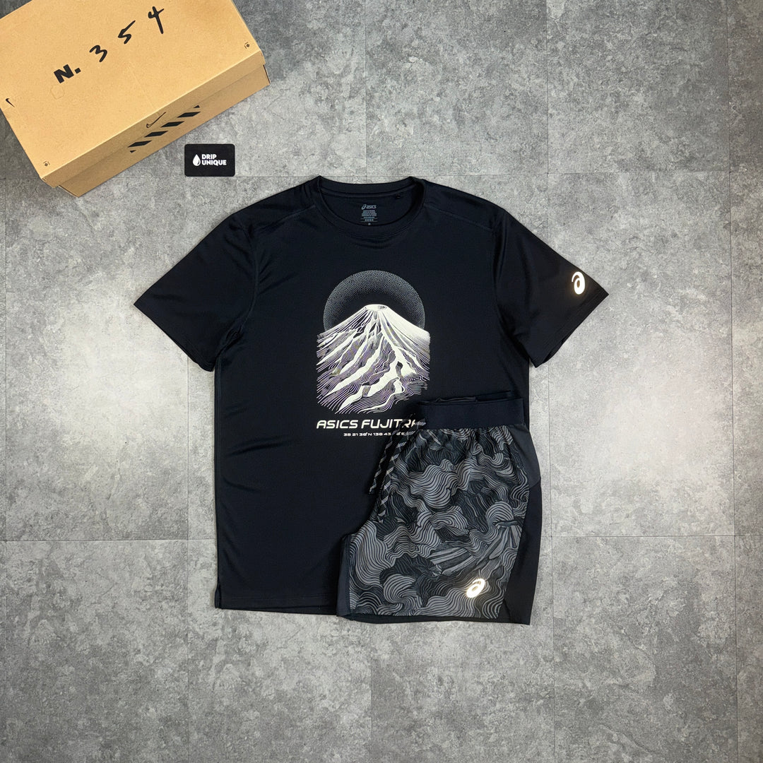 Asics Fujitrail T-Shirt Black & Black Fujitrail Shorts Set, asics fujitrail set, dripuniqueuk