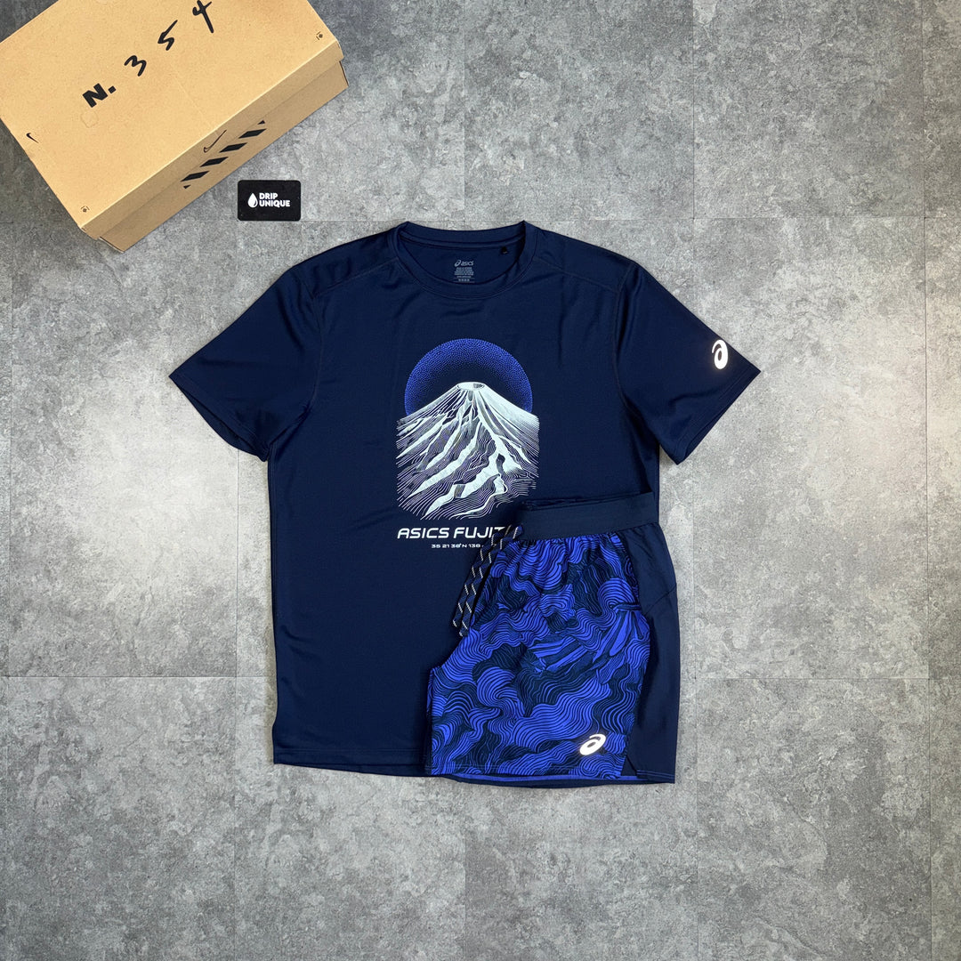 Asics Fujitrail T-Shirt Midnight Navy & Navy Fujitrail Shorts Set, asics fujitrail set, dripuniqueuk