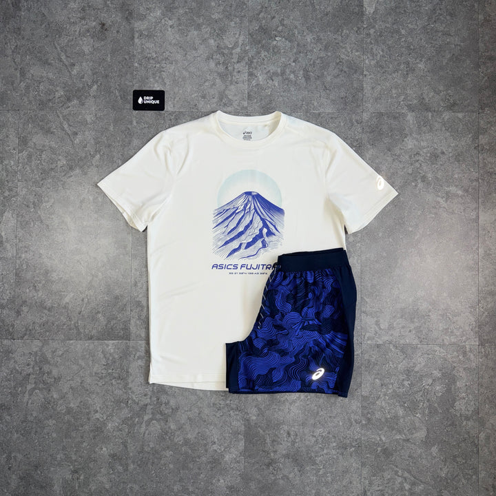 Asics Fujitrail T-Shirt White & Navy Fujitrail Shorts Set, asics set, dripuniqueuk