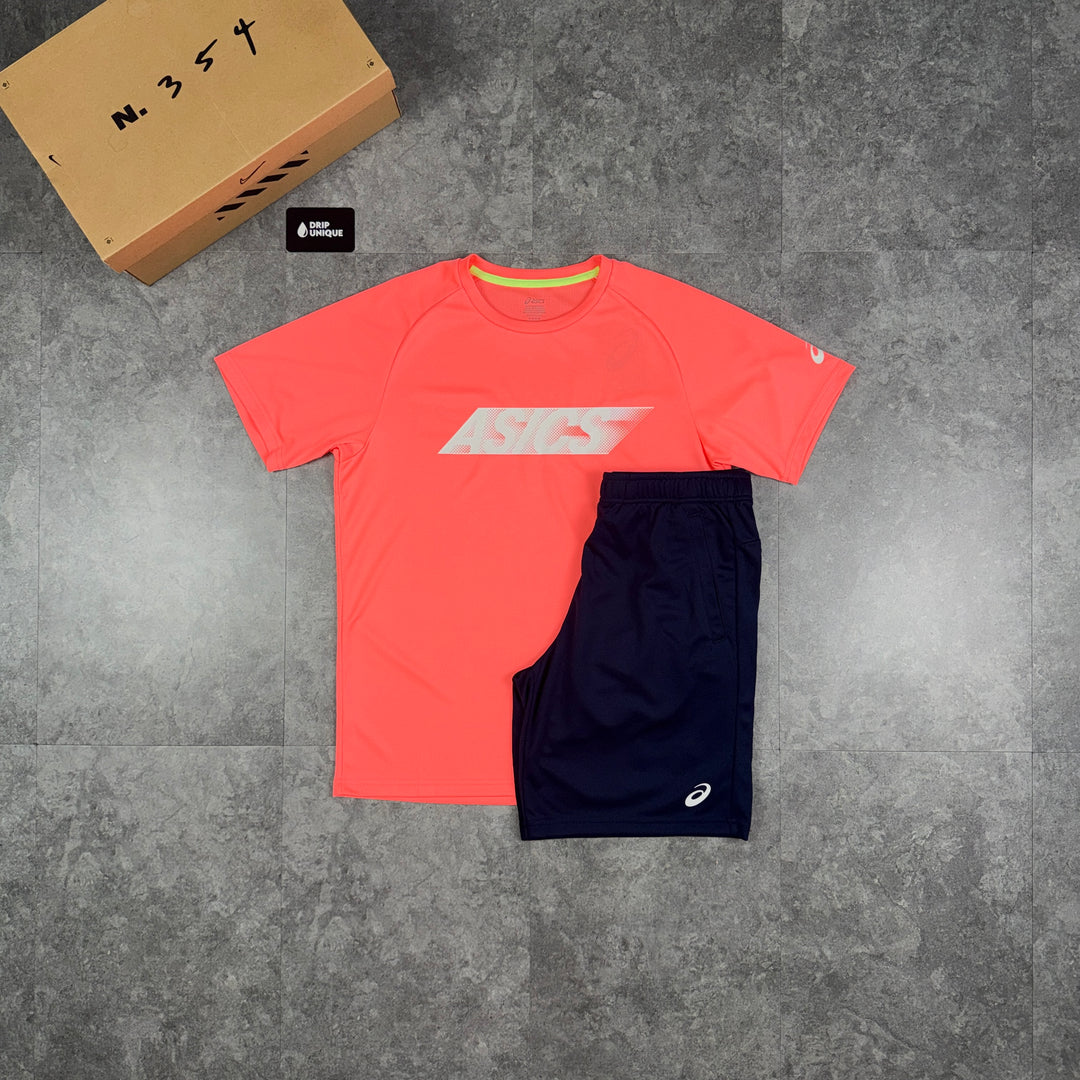 Asics Graphic T-Shirt Coral & Navy Shorts Set, asics graphic set, dripuniqueuk