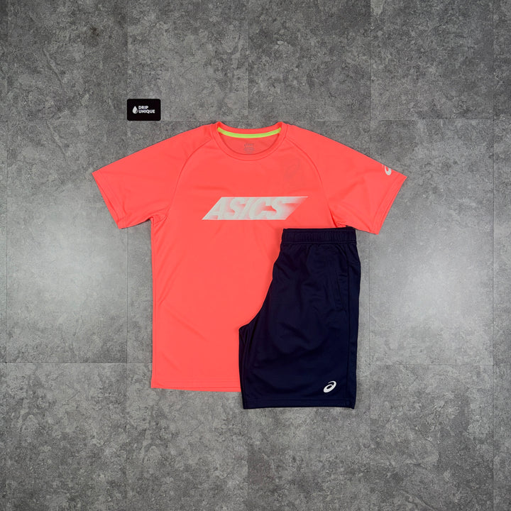 Asics Graphic T-Shirt Coral & Navy Shorts Set, asics set, dripuniqueuk