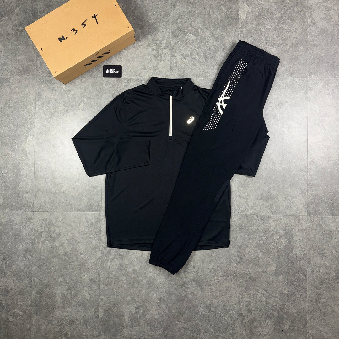 Asics Icon 1/4 Zip Black & Black Icon Pants Set, asics 1/4 zip set, dripuniqueuk
