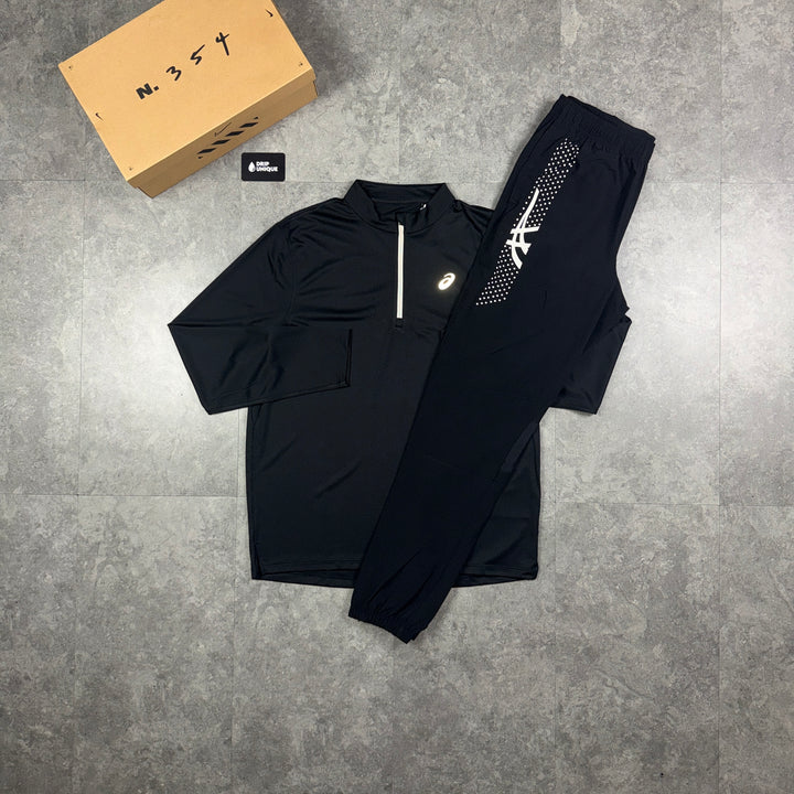 Asics Icon 1/4 Zip Black & Black Icon Pants Set, asics 1/4 zip set, dripuniqueuk