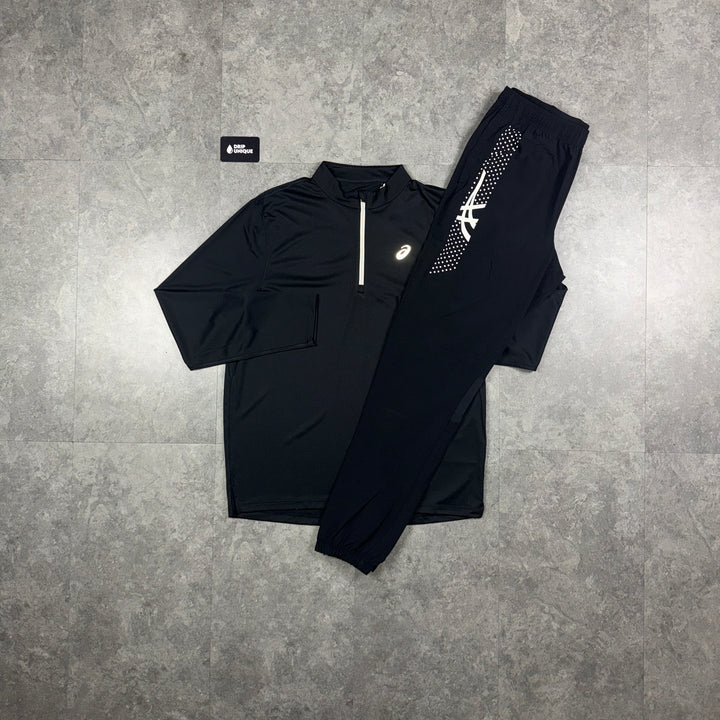 Asics Icon 1/4 Zip Black & Black Icon Pants Set, asics icon 1/4 zip set, dripuniqueuk