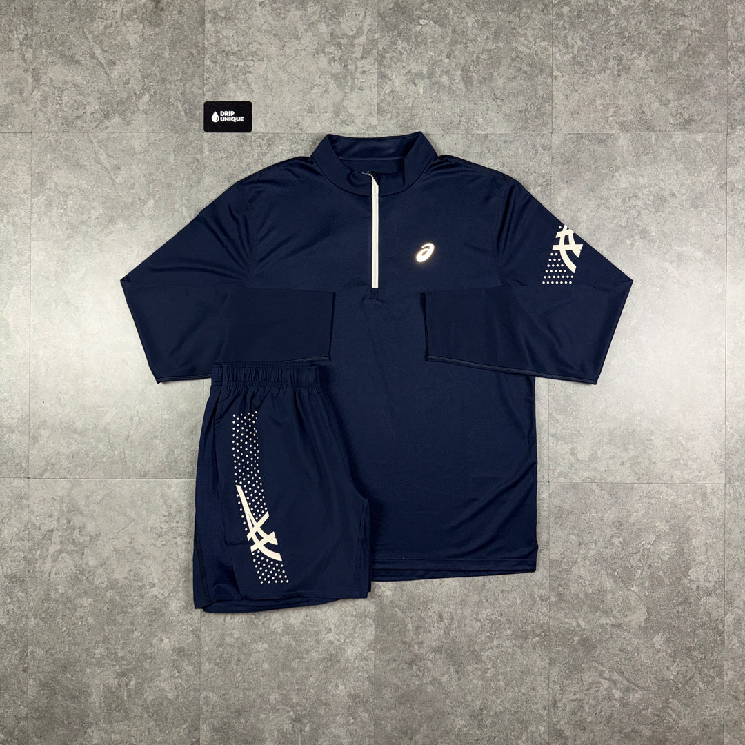 Asics Icon 1/4 Zip Top Navy & Navy Icon Shorts Set, asics set, dripuniqueuk