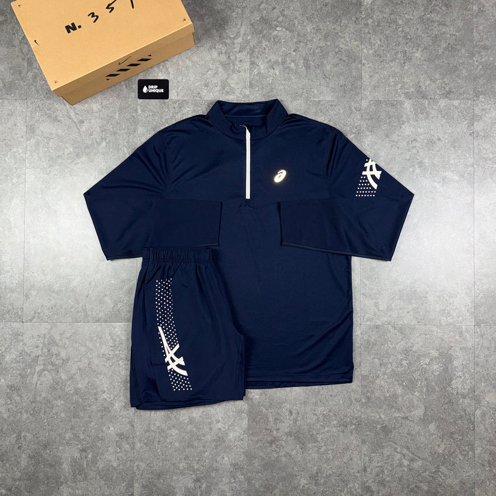 Asics Icon 1/4 Zip Top Navy & Navy Icon Shorts Set, asics icons set, dripuniqueuk