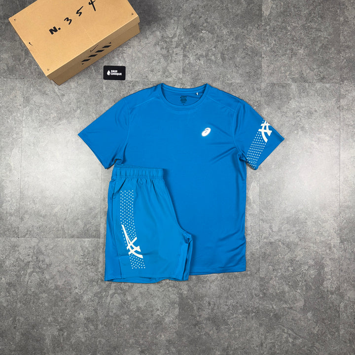 Asics Icon T-Shirt Aegean Blue & Blue Icon Shorts Set, asics icons set, dripuniqueuk